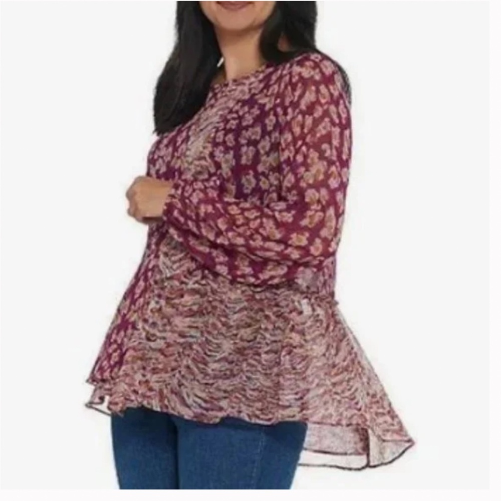LOGO by Lori Goldstein Printed Blouse with Patchwork and Ruffles